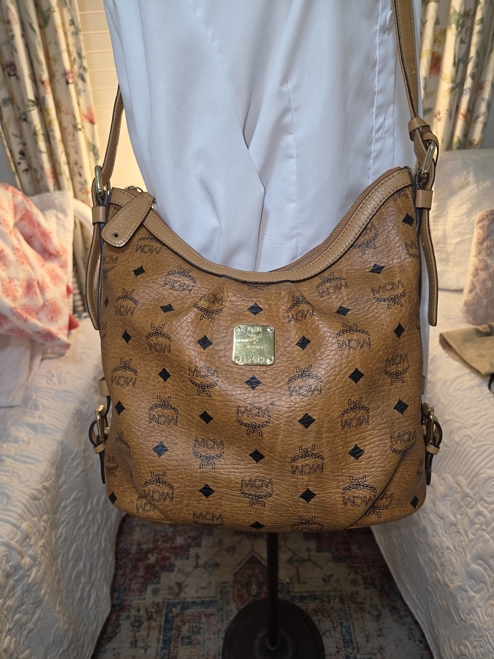 MCM Cognac Visetos Leather Hobo Bag